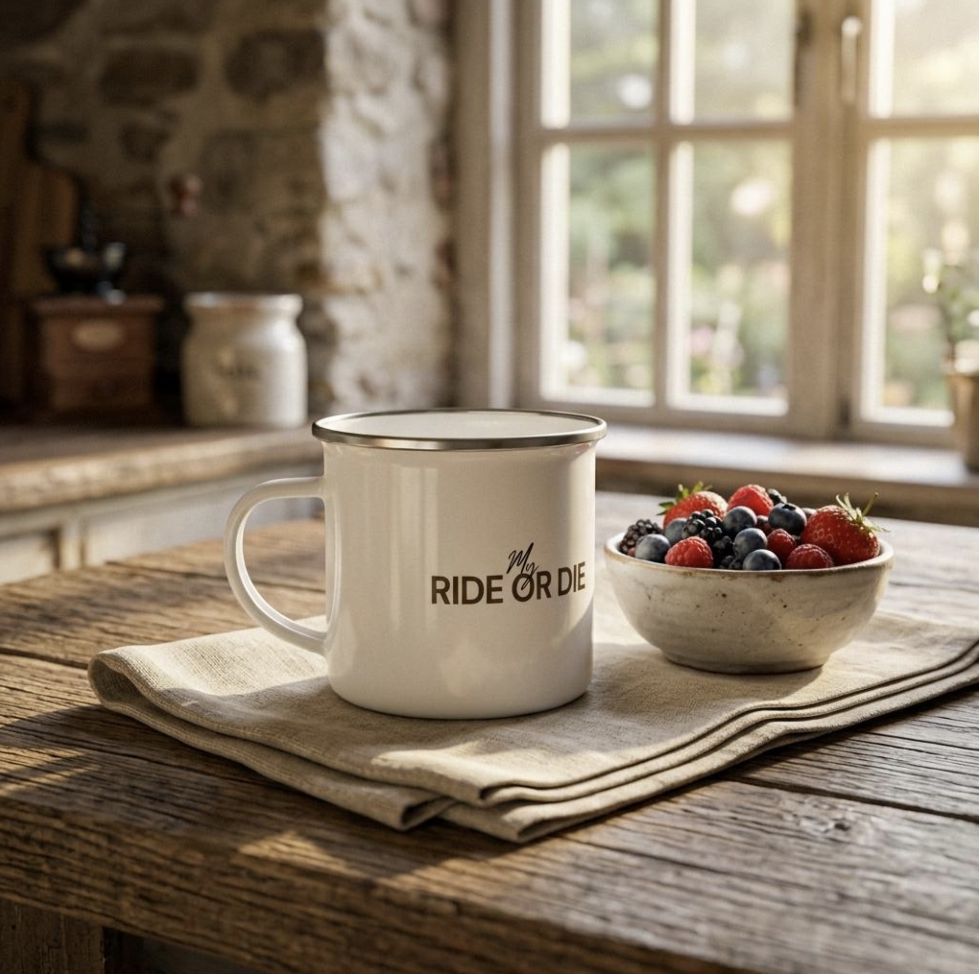 White 12oz Enamel Mug - My ride or die